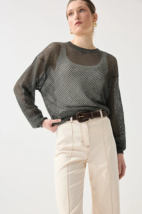 Openwork Viscose Knit Blouse - Green - 5