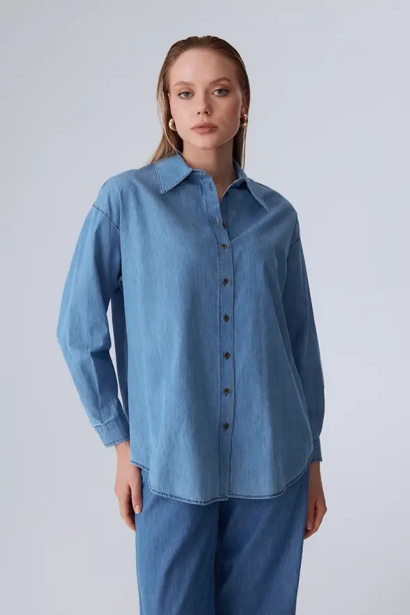 Oversized Denim Shirt - Blue - 1