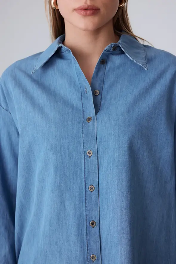 Oversized Denim Shirt - Blue - 3