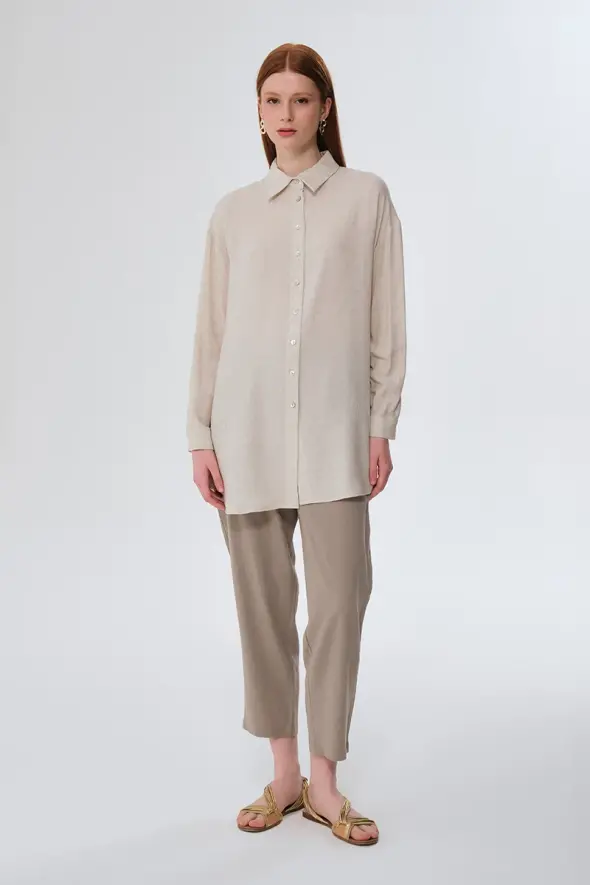 Oversized Linen Shirt - Beige - 2