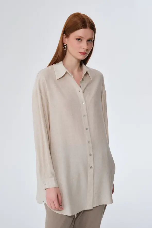 Oversized Linen Shirt - Beige - 1