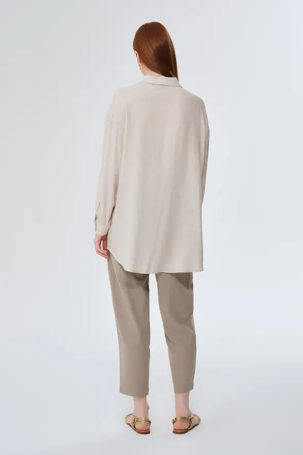 Oversized Linen Shirt - Beige - 4