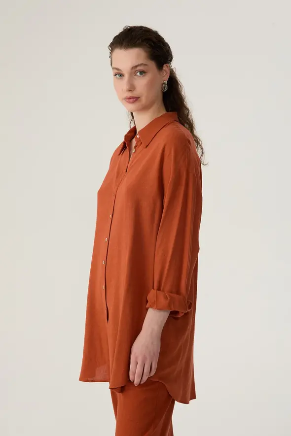 Oversized Linen Shirt - Brick - 3