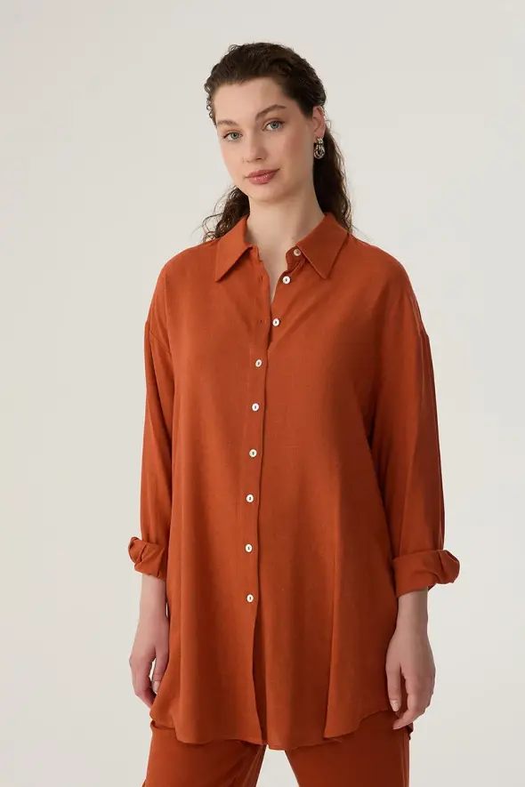 Oversized Linen Shirt - Brick - 1