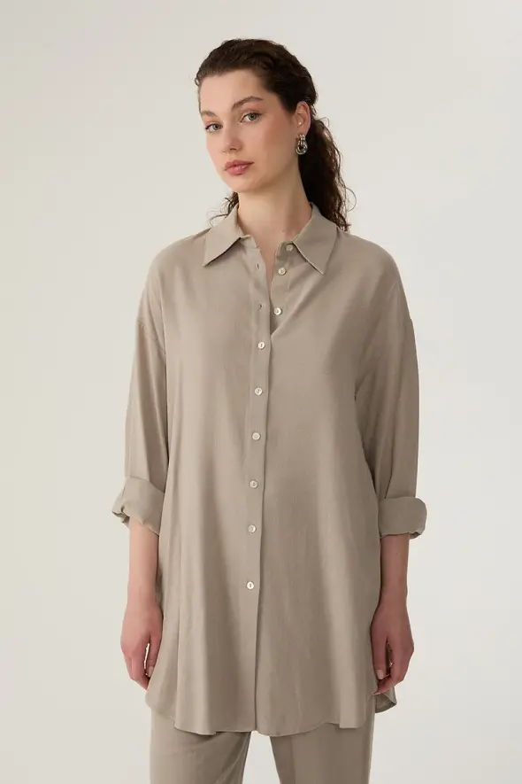 Oversized Linen Shirt - Mink - 1