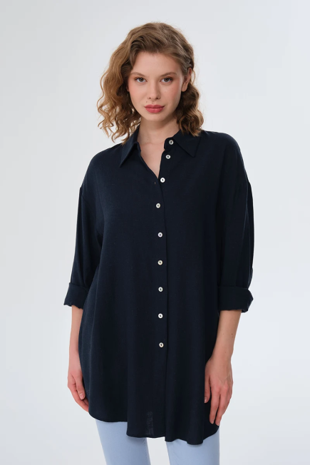 Oversized Linen Shirt - Navy Blue Navy Blue