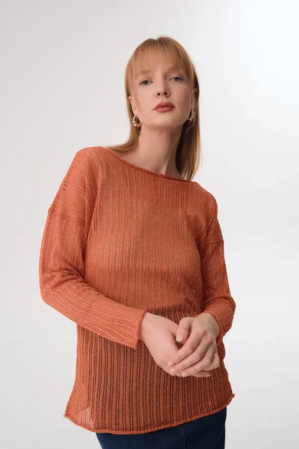 Oversized Shimmery Knitwear - Terracotta - 4