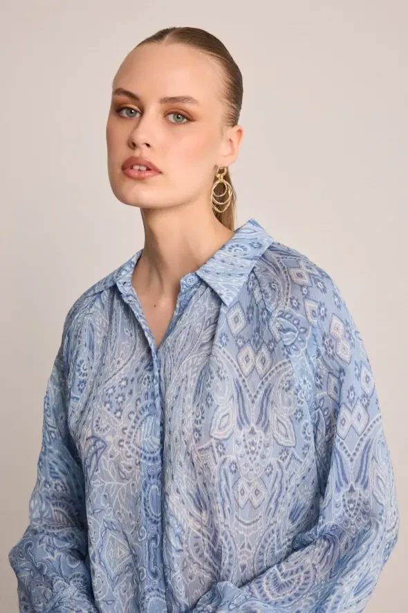 Paisley Patterned Viscose Shirt - Blue - 3