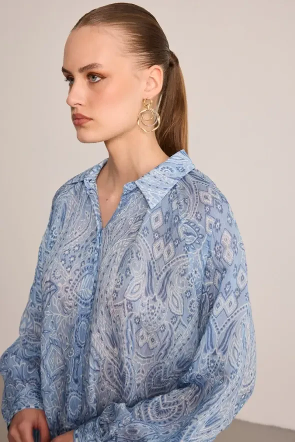 Paisley Patterned Viscose Shirt - Blue - 4