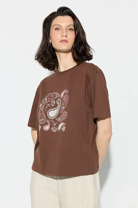 Paisley Print Cotton T-Shirt - Brown - Gusto