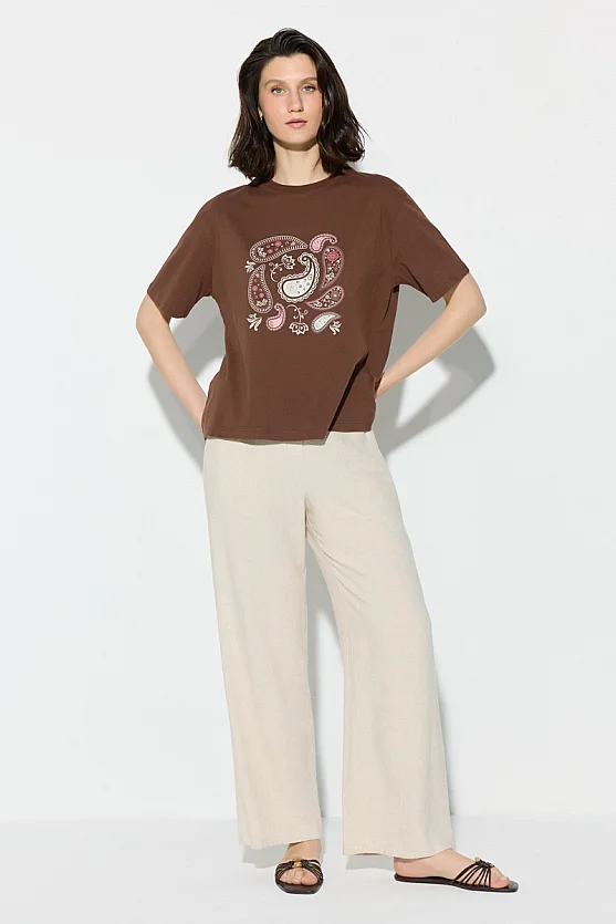 Paisley Print Cotton T-Shirt - Brown - 2