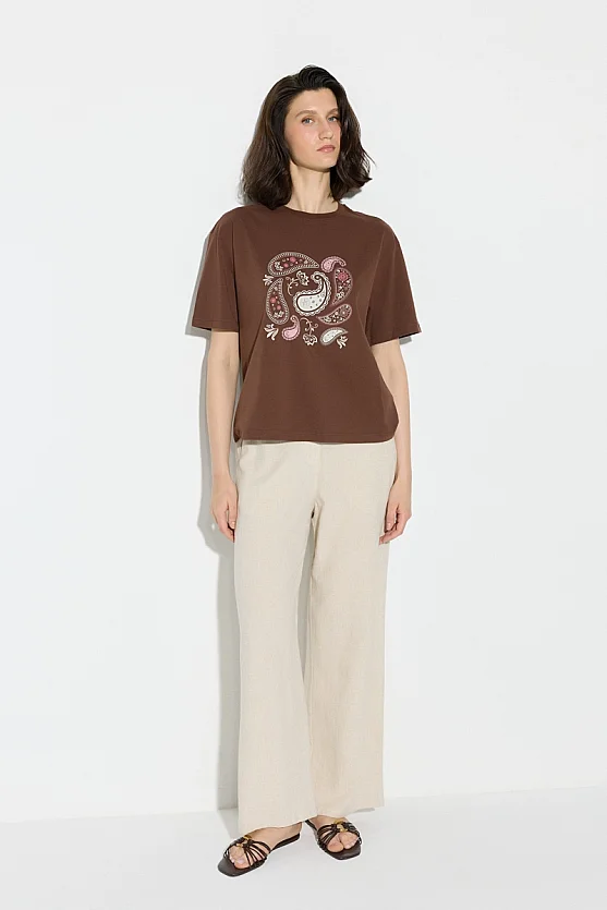 Paisley Print Cotton T-Shirt - Brown - 3