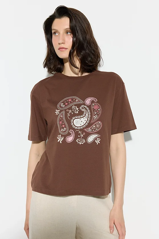 Paisley Print Cotton T-Shirt - Brown - Gusto