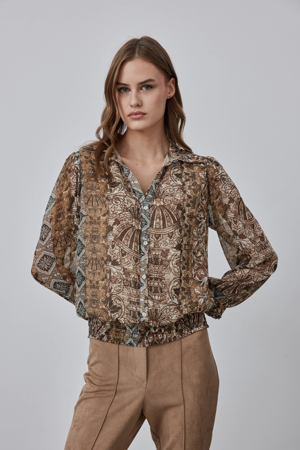 Patterned Blouse with Elastic Waistband - Brown Brown