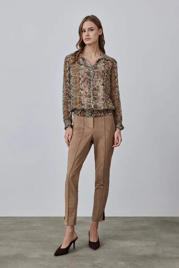 Patterned Blouse with Elastic Waistband - Brown - 2