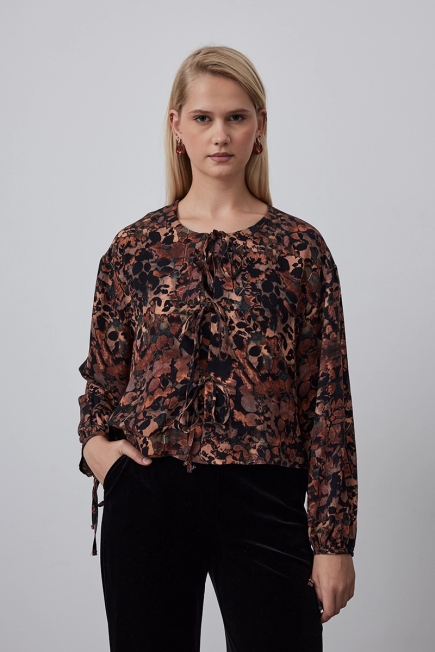 Patterned Blouse with Lace-up Front - Tan Tan