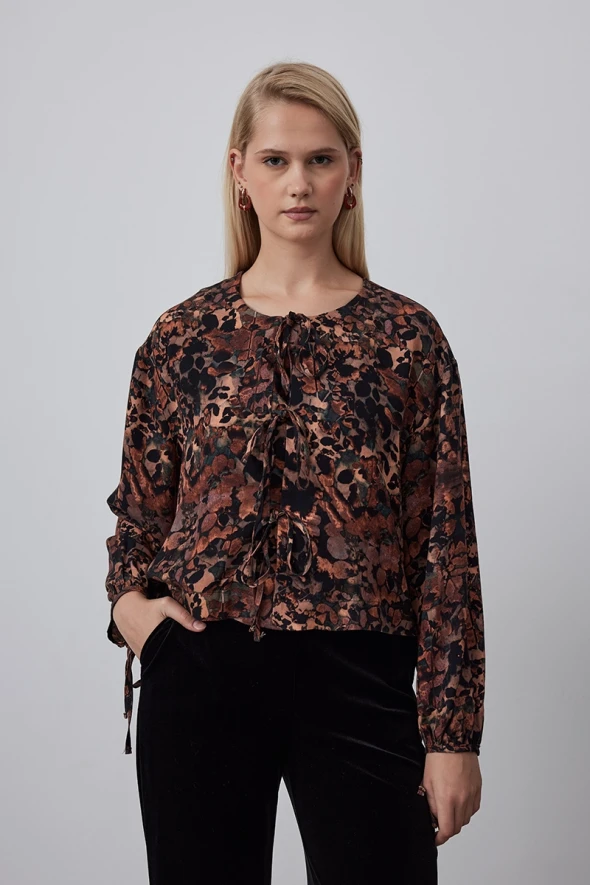 Patterned Blouse with Lace-up Front - Tan - 1