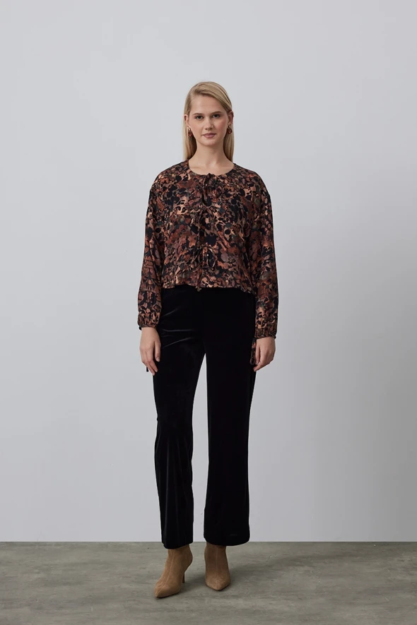 Patterned Blouse with Lace-up Front - Tan - 3