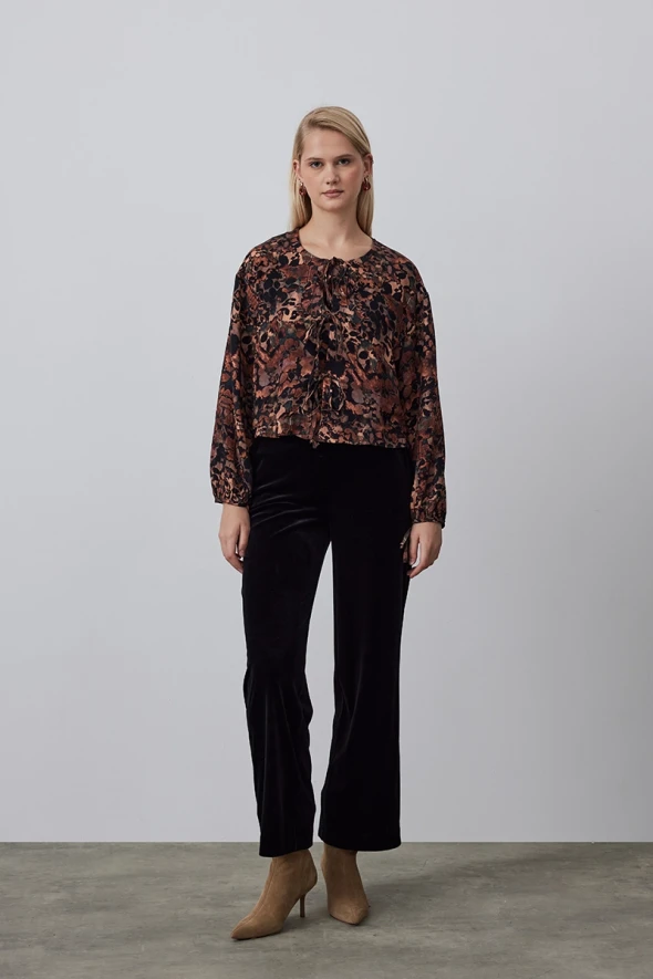 Patterned Blouse with Lace-up Front - Tan - 4