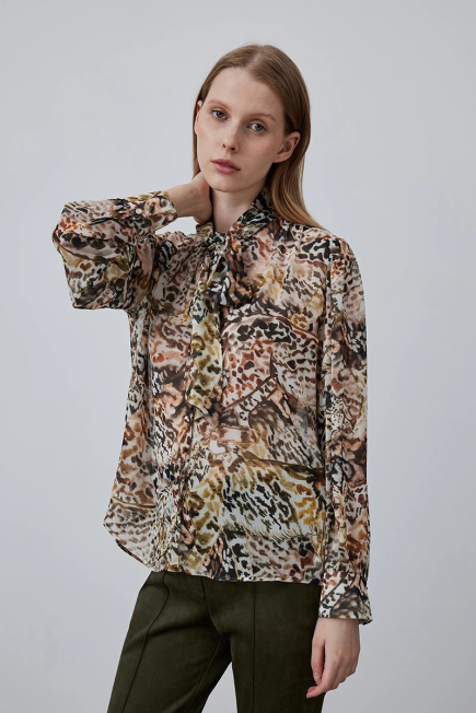 Patterned Blouse with Neck Ties - Mink Mink