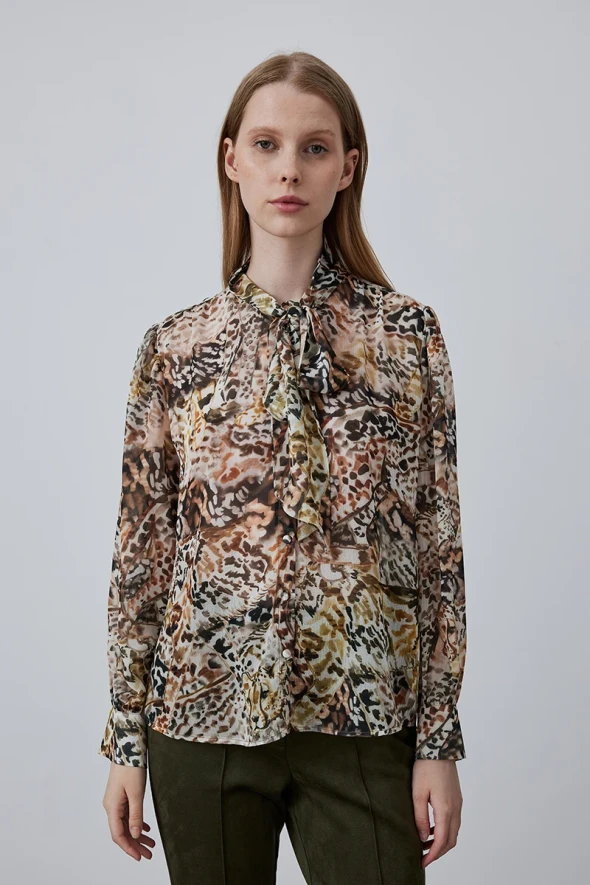 Patterned Blouse with Neck Ties - Mink - 2