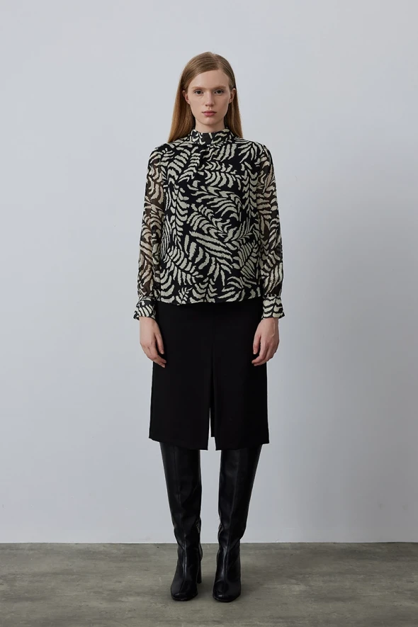 Patterned Blouse with Stand Collar - Black - 2