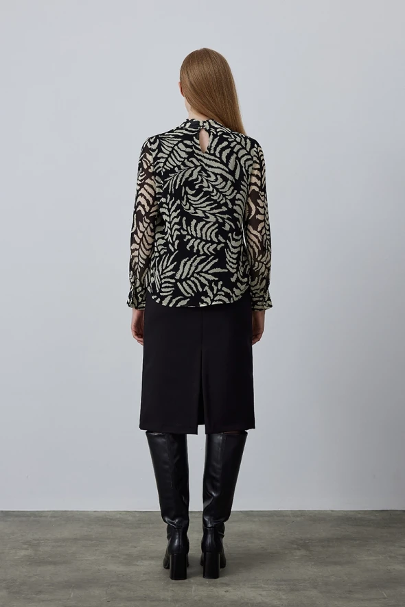 Patterned Blouse with Stand Collar - Black - 4