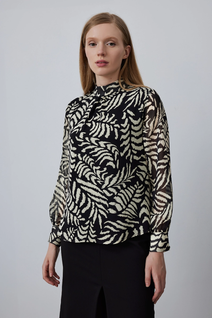 Patterned Blouse with Stand Collar - Black Black