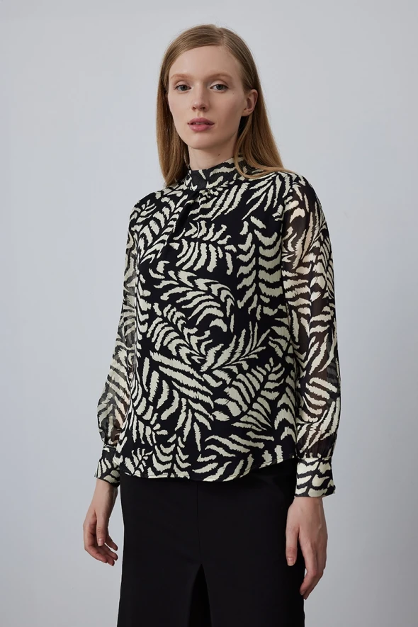 Patterned Blouse with Stand Collar - Black - 1