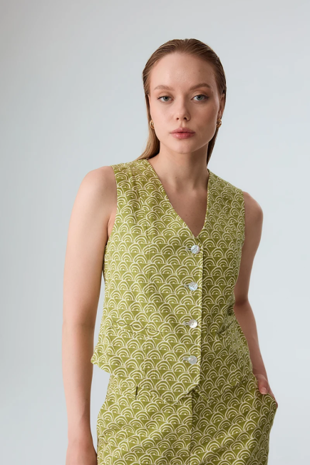 Patterned Canvas Vest - Green - Gusto