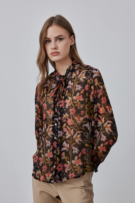 Patterned Chiffon Blouse - Black Black