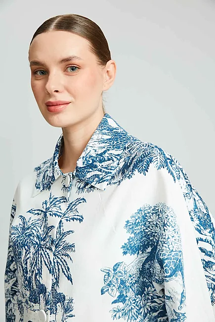 Patterned Cotton Kaftan - Blue - 5
