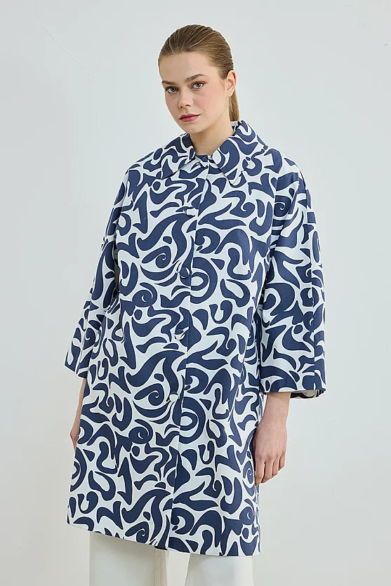 Patterned Cotton Kaftan - Navy - 1