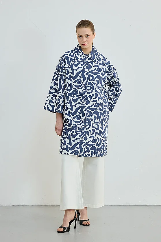 Patterned Cotton Kaftan - Navy - 2