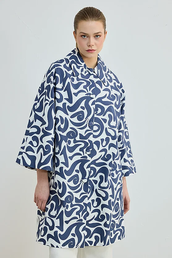 Patterned Cotton Kaftan - Navy - 3