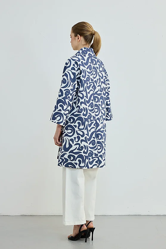 Patterned Cotton Kaftan - Navy - 4