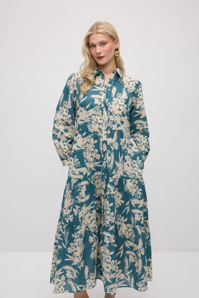 Patterned Cotton Shirt Dress - Green Green