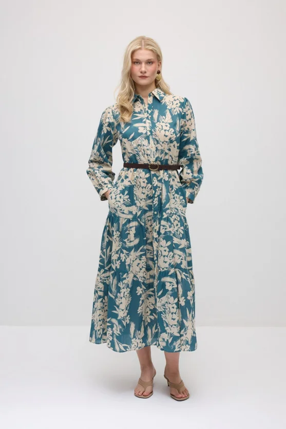 Patterned Cotton Shirt Dress - Green - 1