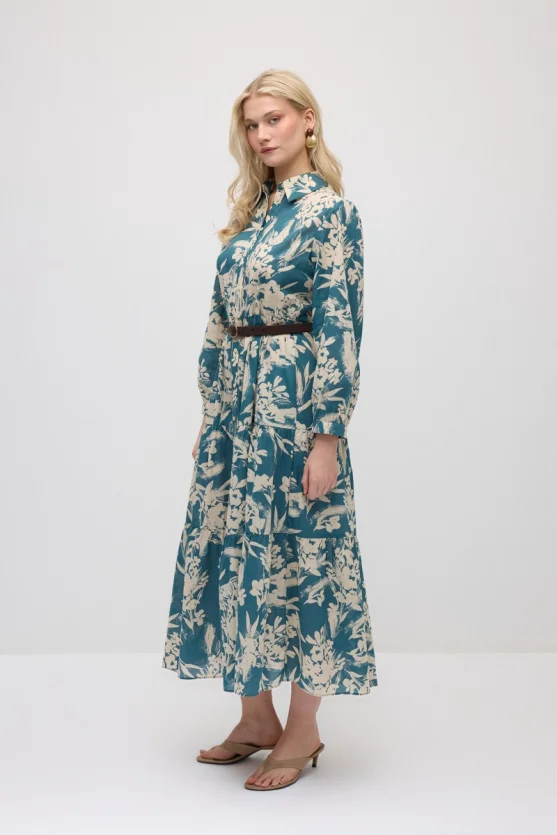 Patterned Cotton Shirt Dress - Green - Gusto