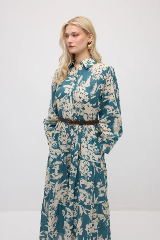 Patterned Cotton Shirt Dress - Green - Gusto