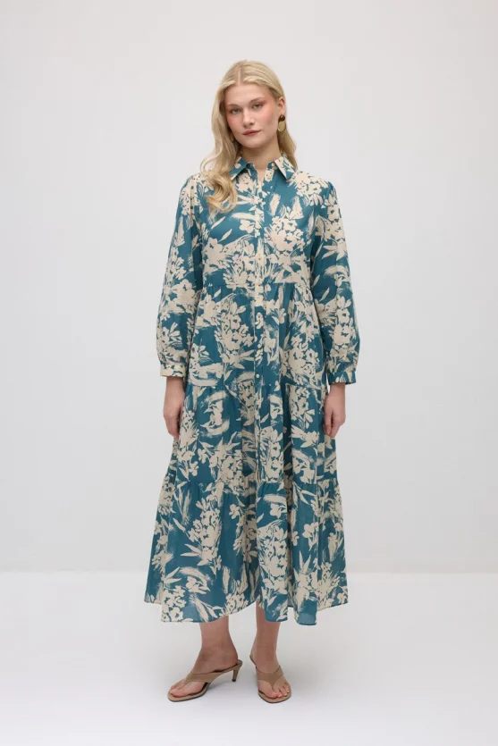 Patterned Cotton Shirt Dress - Green - Gusto