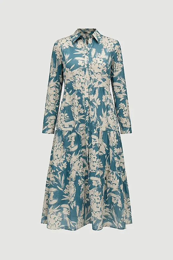 Patterned Cotton Shirt Dress - Green - Gusto