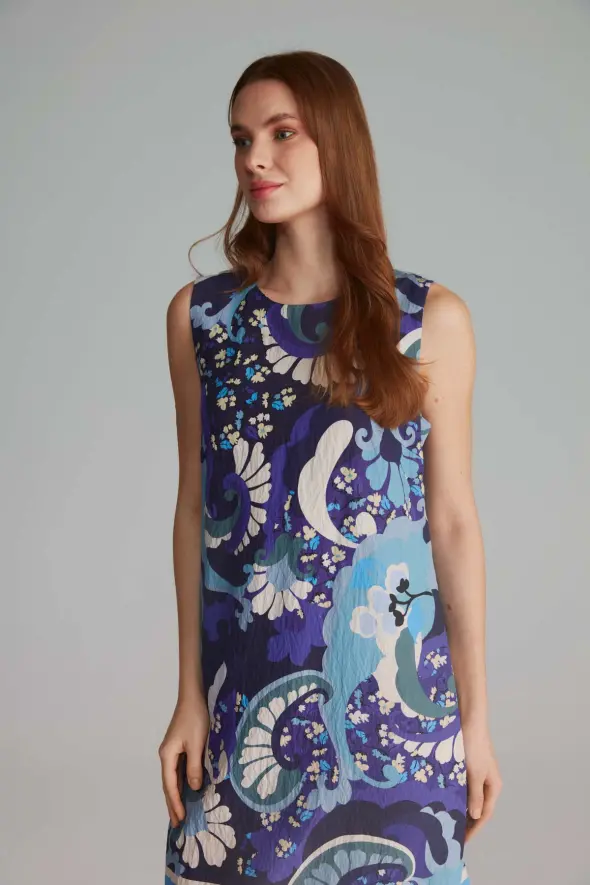 Patterned Dress with Lace-up Back - Blue - 3