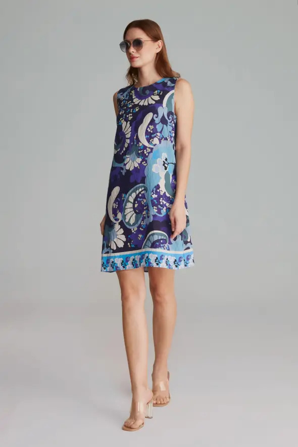Patterned Dress with Lace-up Back - Blue - 2