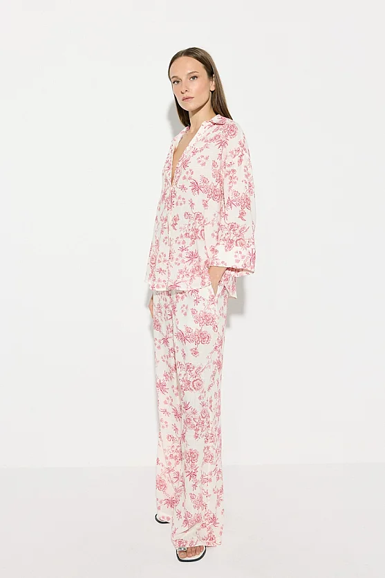 Patterned Elastic Waist Wide Leg Trousers - Pink - 4