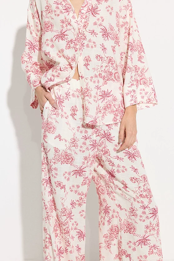 Patterned Elastic Waist Wide Leg Trousers - Pink - Gusto