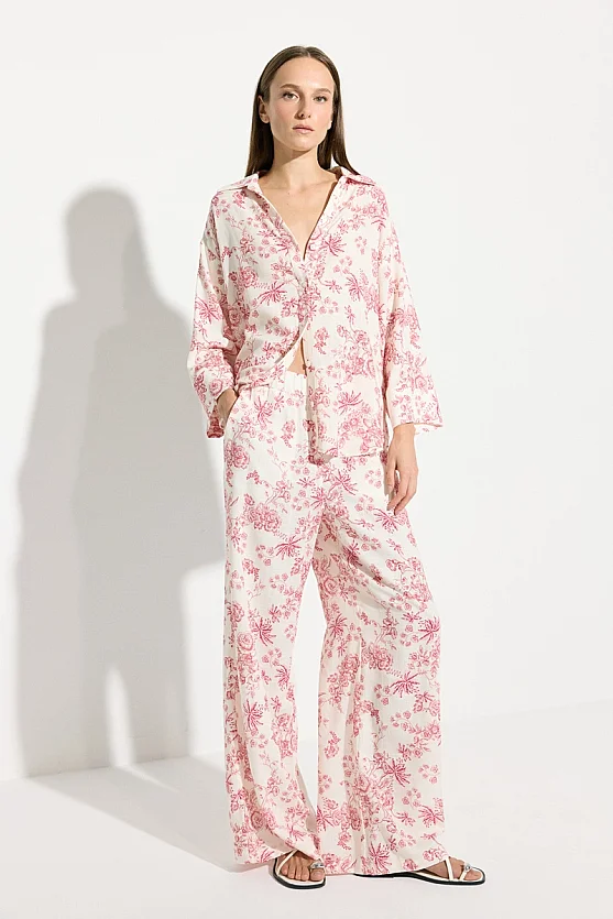 Patterned Elastic Waist Wide Leg Trousers - Pink - Gusto