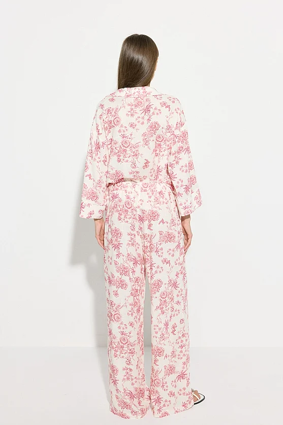 Patterned Elastic Waist Wide Leg Trousers - Pink - 9