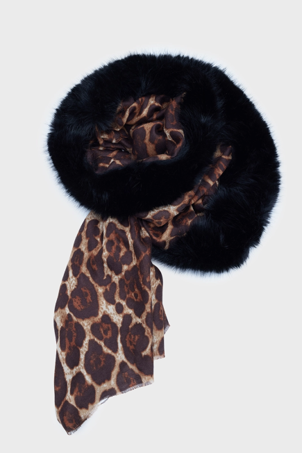 Patterned Leopard Shawl with Fur - Brown Kahverengi