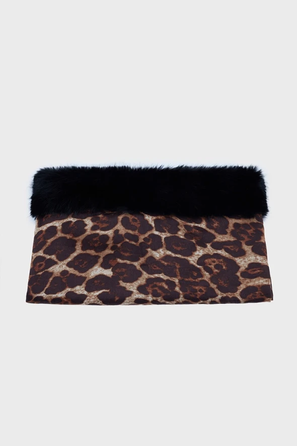 Patterned Leopard Shawl with Fur - Brown - 2